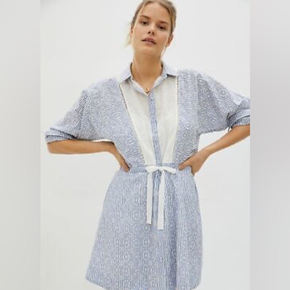 Anthropologie Maeve Ashleigh Eyelet Mini Dress - blue/white - XS